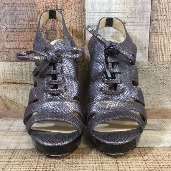 Coach Sandals Moreen Womens 8B Gray Leather Metallic Embossed Snakeskin Heel - Picture 2 of 12